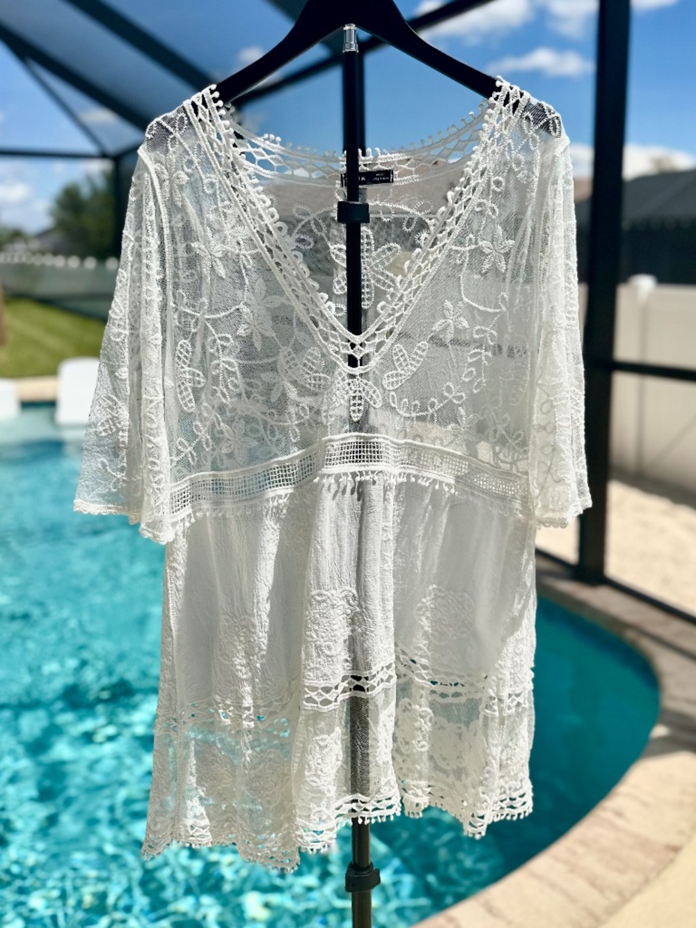 SHEIN White Lace Boho-Style Beach Cover Up, OS